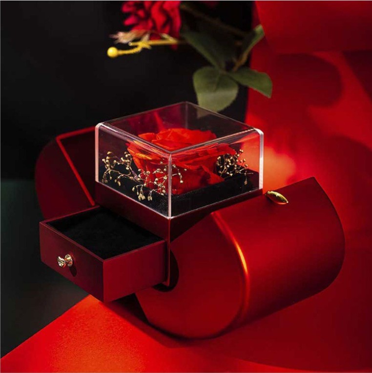 Red Apple Fashion Jewelry Box With Artificial Eternal Rose And Necklace