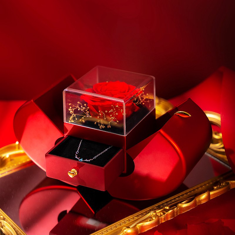 Red Apple Fashion Jewelry Box With Artificial Eternal Rose And Necklace