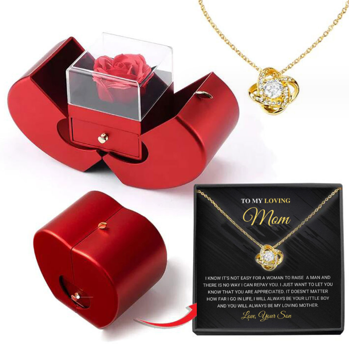 Red Apple Fashion Jewelry Box With Artificial Eternal Rose And Necklace