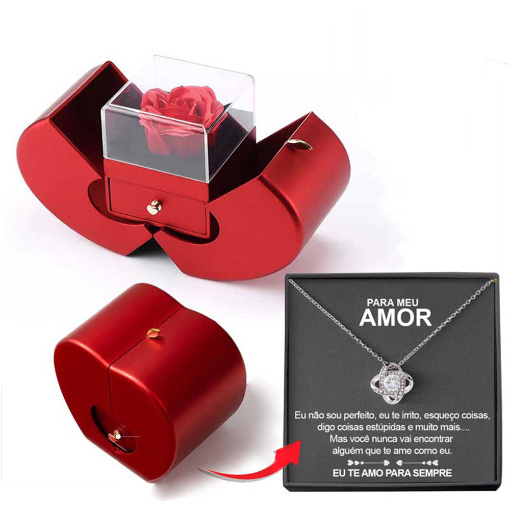 Red Apple Fashion Jewelry Box With Artificial Eternal Rose And Necklace