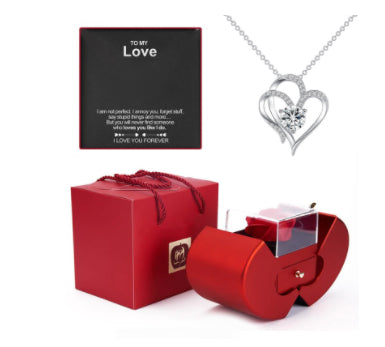 Red Apple Fashion Jewelry Box With Artificial Eternal Rose And Necklace