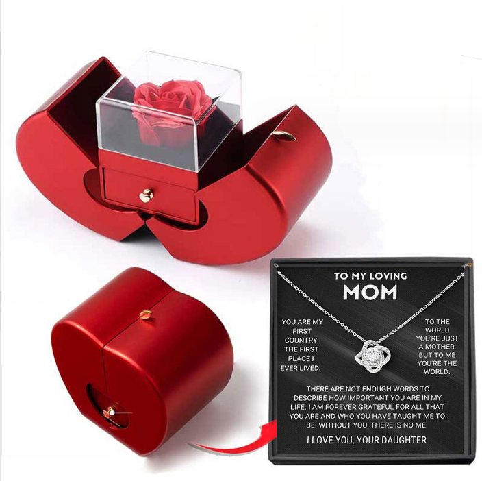 Red Apple Fashion Jewelry Box With Artificial Eternal Rose And Necklace