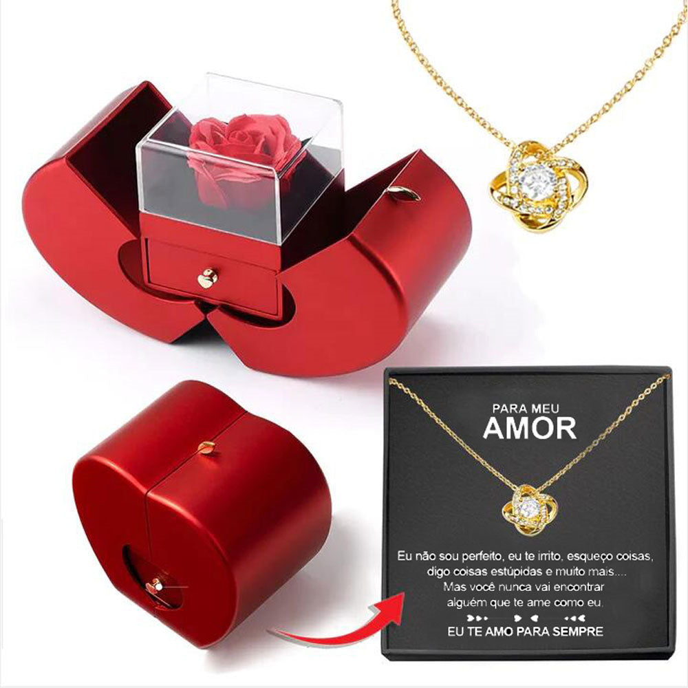 Red Apple Fashion Jewelry Box With Artificial Eternal Rose And Necklace