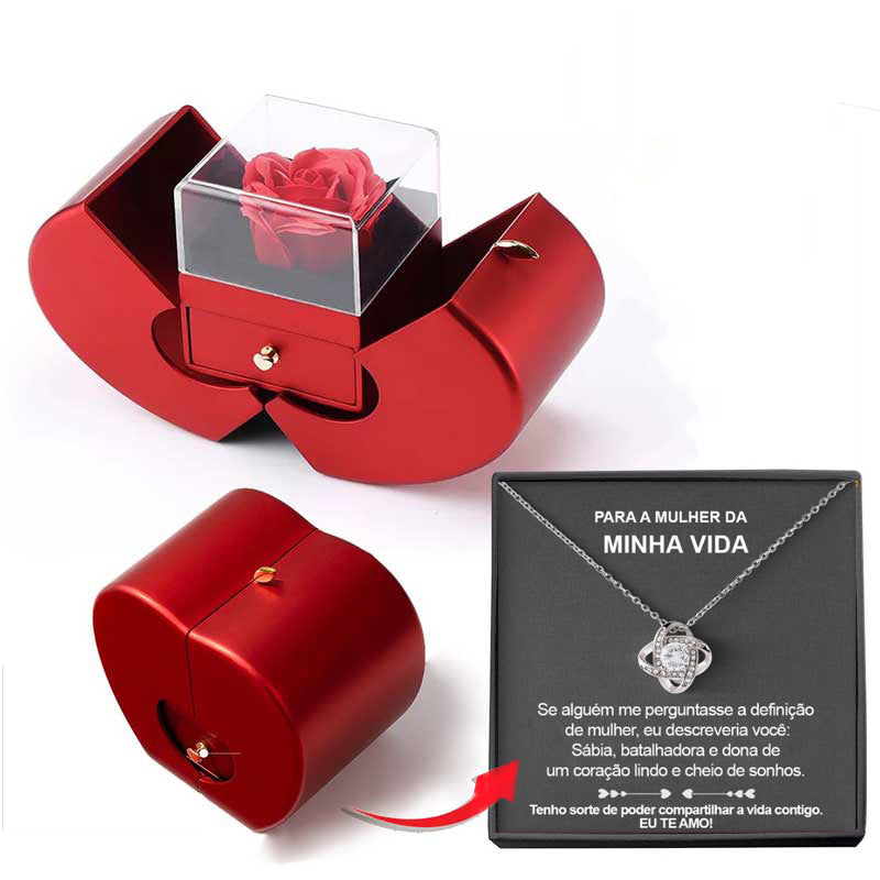 Red Apple Fashion Jewelry Box With Artificial Eternal Rose And Necklace