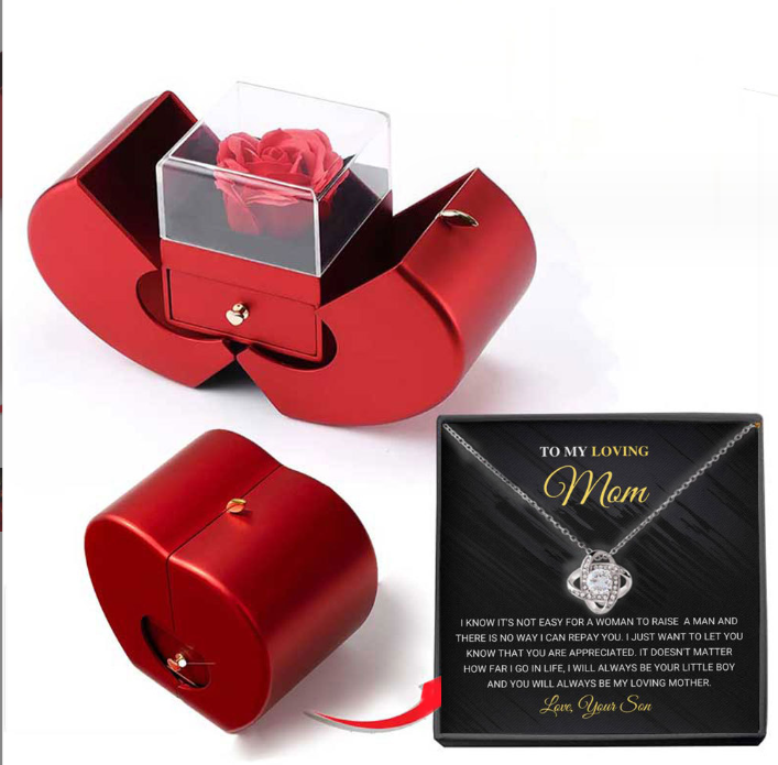 Red Apple Fashion Jewelry Box With Artificial Eternal Rose And Necklace