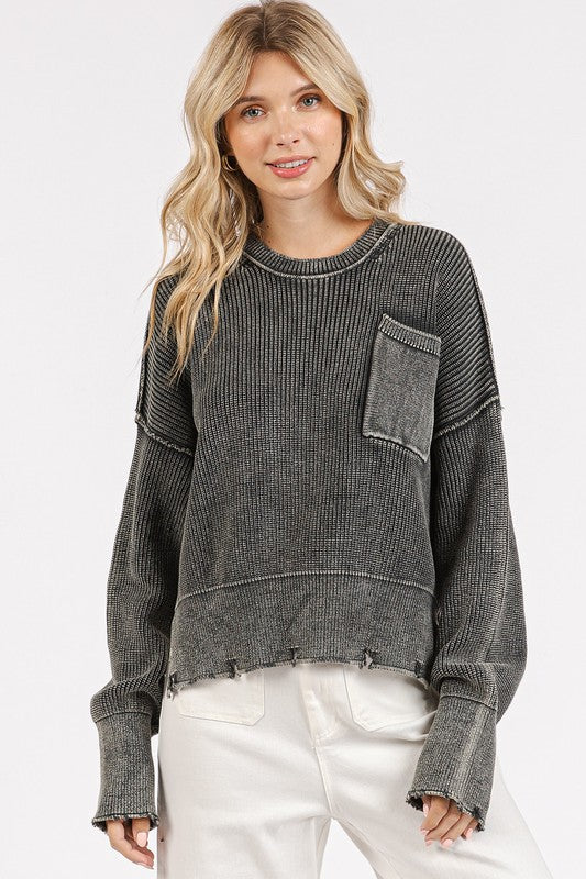 Mittoshop Distressed Hem Round Neck Dropped Shoulder Sweater