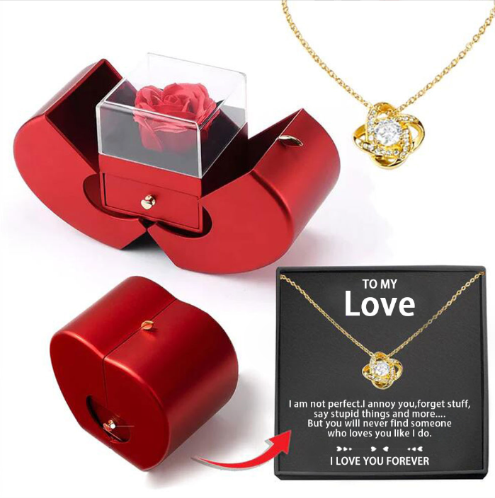 Red Apple Fashion Jewelry Box With Artificial Eternal Rose And Necklace