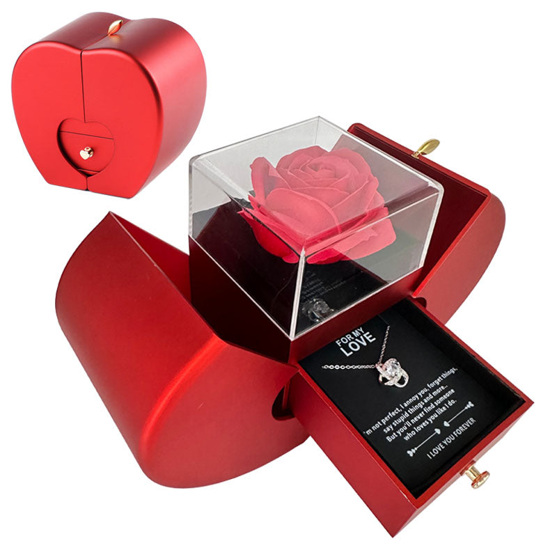 Red Apple Fashion Jewelry Box With Artificial Eternal Rose And Necklace