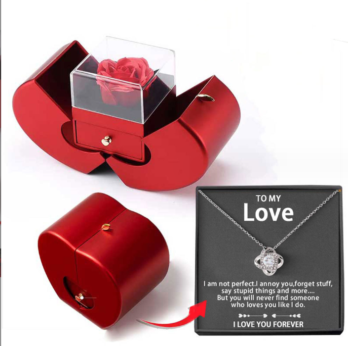 Red Apple Fashion Jewelry Box With Artificial Eternal Rose And Necklace